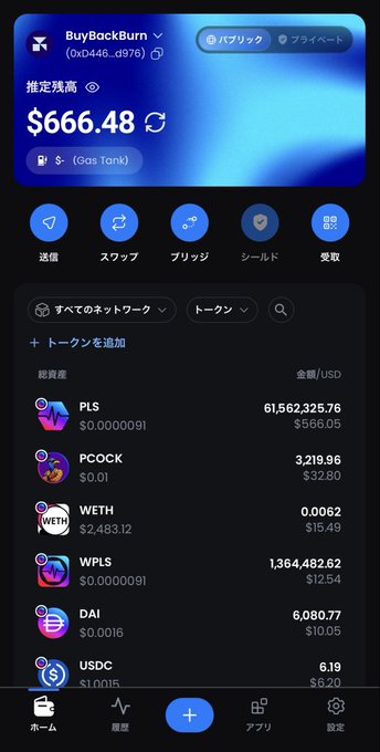A cryptocurrency wallet interface for 'BuyBackBurn' showing a balance of $666.48 with holdings including PLS ($566.05), PCOCK, WETH, WPLS, DAI, and USDC.