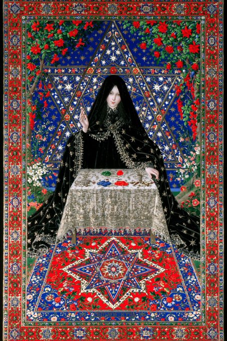 An ornate, mystical artwork depicting a dark figure with a veil behind a table with colorful jewels, set against a vibrant star-patterned background and framed by an intricate floral border.