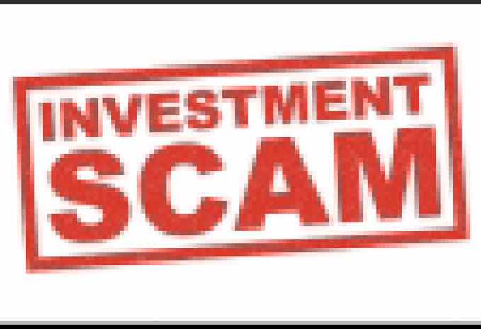 A red rubber stamp graphic with the text 'INVESTMENT SCAM' on a white background, slightly pixelated.