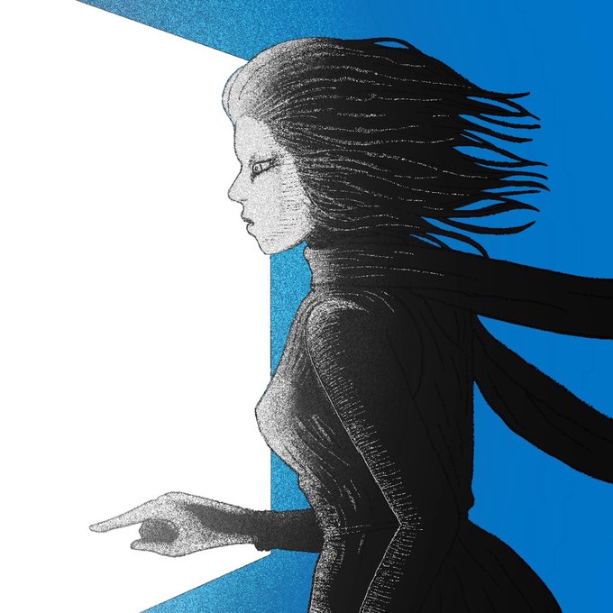 A stylized illustration shows a woman in profile with long dark hair blowing dramatically to the right, wearing a dark high-collared garment. She appears to be pointing or gesturing with her hand against a blue and white background, rendered in a sketchy, detailed black-and-white drawing style.