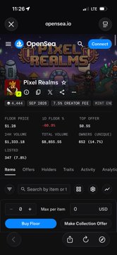 Mobile screenshot of the OpenSea NFT marketplace showing a 'Pixel Realms' collection page on the opensea.io website with stats including 4,944 floor price and 7.5% creator fee, displayed in dark mode.