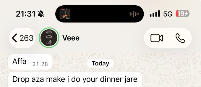 A WhatsApp message screenshot showing a text from "Veee" at 21:31, where "Affa" wrote at 21:28 "Drop aza make i do your dinner jare" — the post "i love this mfer" likely refers to the playful, caring tone of offering to cook dinner for them.