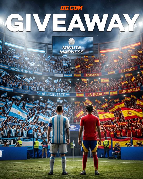 The image shows two soccer players, one representing Argentina (in a blue and white striped jersey) and the other representing Spain (in a red jersey), standing on the pitch facing passionate fans waving their respective national flags in a packed stadium. The bold "GIVEAWAY" banner with "OG.COM" and the "MINUTE MADNESS" logo on the jumbotron ties the scene to the post, illustrating that following OG.com could make fans part of this exciting championship-style prize event.