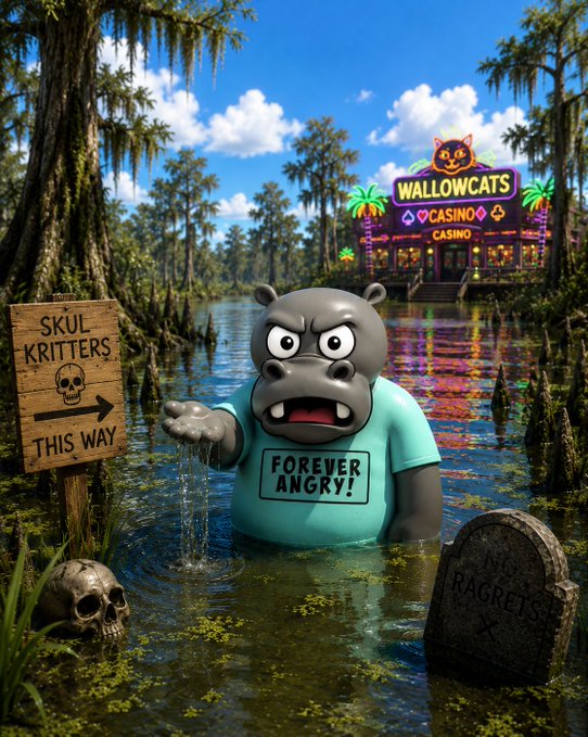 A 3D rendered cartoon scene featuring an angry hippo wearing a 'FOREVER ANGRY!' t-shirt, standing in a swamp with a 'SKULKRITTERS THIS WAY' sign, a skull, a tombstone, and a neon 'WALLOWCATS CASINO' in the background.