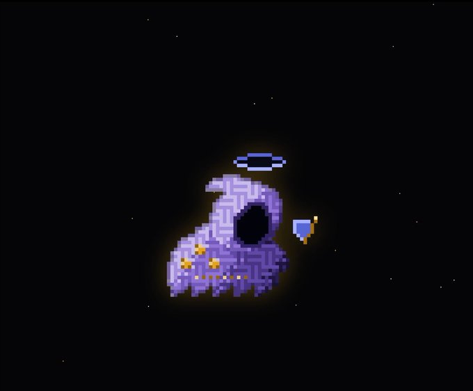 Pixel art of a purple hooded ghost-like creature with a halo and a small flag against a black starry background.