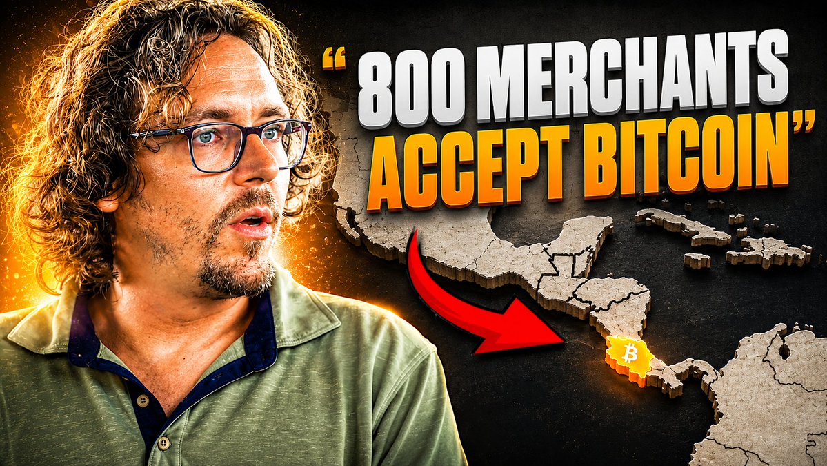 A man with curly hair and glasses appears on the left, with the bold text "800 MERCHANTS ACCEPT BITCOIN" displayed alongside a red arrow pointing to a Bitcoin symbol on a map of Costa Rica, illustrating the country's growing Bitcoin adoption as featured in the post about the Bitcoin Jungle circular economy.