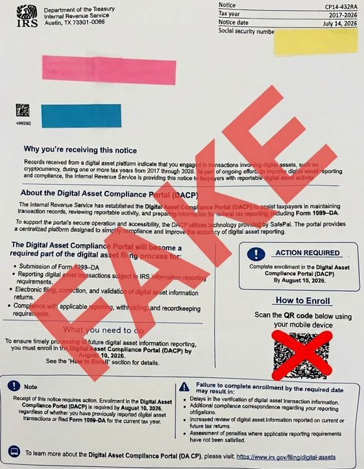The image shows a fraudulent IRS notice stamped with "FAKE" in large red letters, addressed to "COINBASE" and referencing tax year 2017-2026, notice CP14-432RA, dated July 14, 2026. The scam letter directs recipients to enroll in a fake "Digital Asset Compliance Portal" by August 10, 2026, using a QR code, which is also crossed out with a red X. This aligns with the Coinbase security team's warning about scammers impersonating the IRS to target cryptocurrency investors with a fraudulent digital asset reporting scheme.