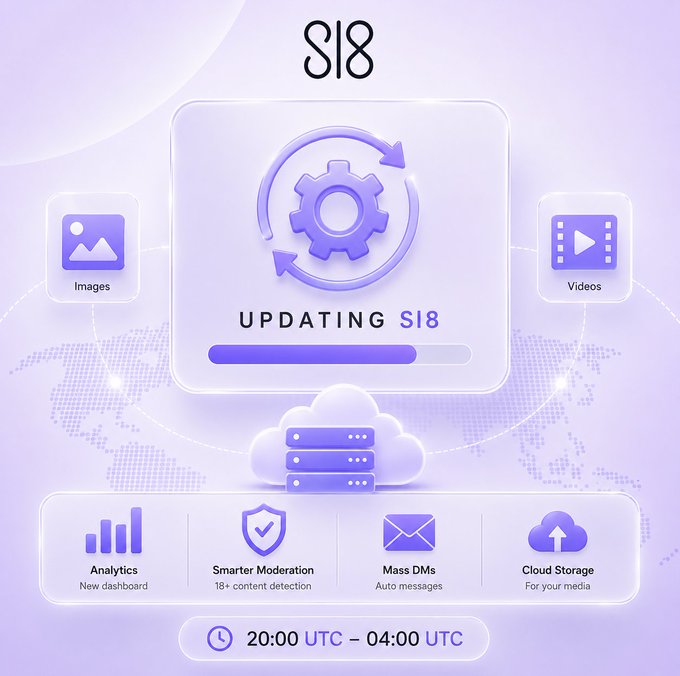 The image is a promotional graphic announcing the "Updating Sl8" platform, featuring a purple-themed design with icons for Images, Videos, Analytics (new dashboard), Smarter Moderation (18+ content detection), Mass DMs (Auto messages), and Cloud Storage, with a scheduled update window of "20:00 UTC – 04:00 UTC." The post likely highlights Sl8's integrated Web3 social and DeFi staking features, contrasting with platforms that keep these functions separate, emphasizing that staking is built directly into the wallet without third-party redirects.