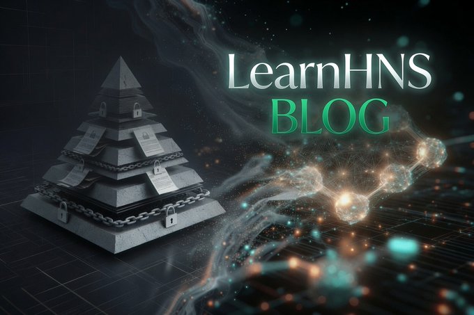 A banner image for 'LearnHNS BLOG' features a stone pyramid bound with chains on the left and glowing, ethereal digital spheres on the right.