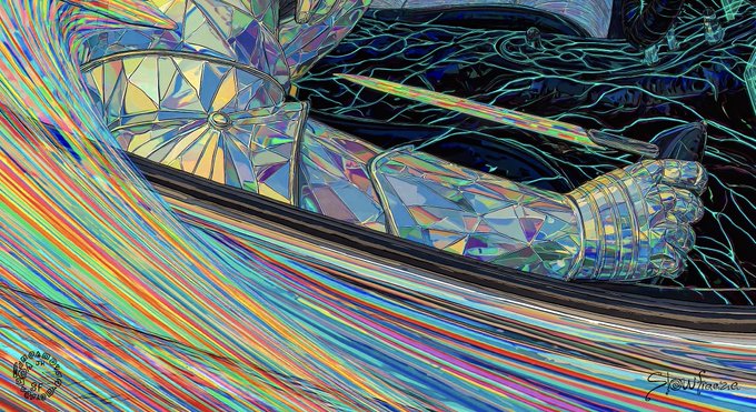 Vibrant digital artwork depicting a stained-glass style armored figure in motion, surrounded by flowing rainbow ribbons and a glowing sword.