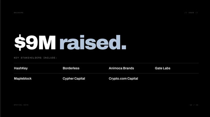 Pitch deck slide displaying '$9M raised' in large white and gray text, listing key stakeholders including HashKey, Borderless, Animoca Brands, Gate Labs, Mapleblock, Cypher Capital, and Crypto.com Capital.