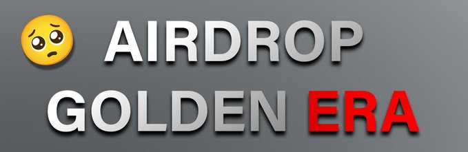 The image features a sad emoji beside bold text reading "AIRDROP GOLDEN ERA," capturing the nostalgic tone of the post about the lucrative early crypto airdrops from projects like Arbitrum, dYdX, Uniswap, and Hyperliquid, implying those transformative payouts are now a thing of the past.
