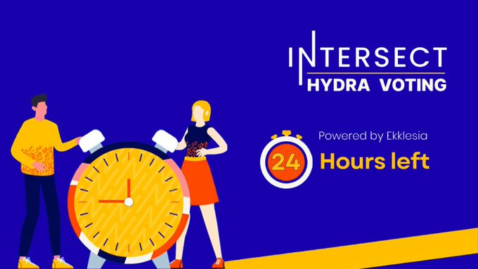 The image features a man and woman standing next to an alarm clock, with the text "Intersect Hydra Voting powered by Eiklesia". The clock has a yellow face and black numbers, while the background is blue. The text on the image suggests that the voting process for proposals closed at the end of the day is taking place, and the people involved are responsible for pushing Cardano $ADA forward with their votes.