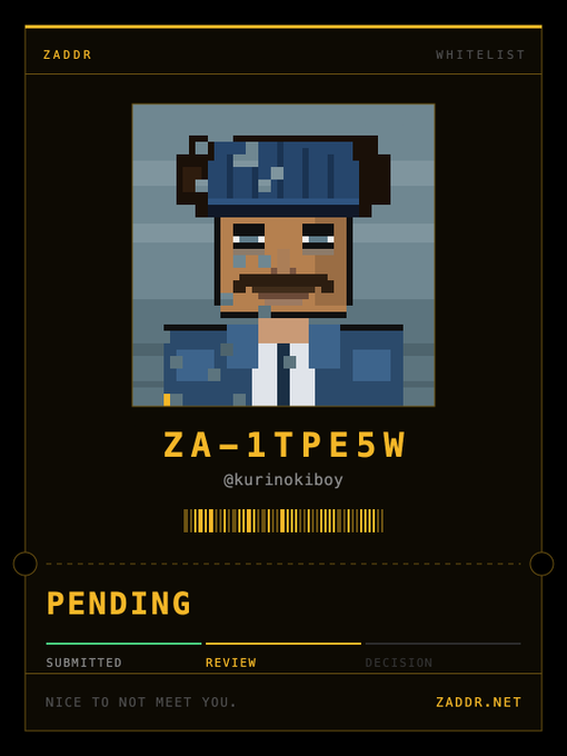 A digital ID card from ZADDR showing a pixel art avatar with a beard and blue hat, username '@kurinokiboy', ID 'ZA-1TPE5W', marked as 'PENDING' and 'WHITELIST'.