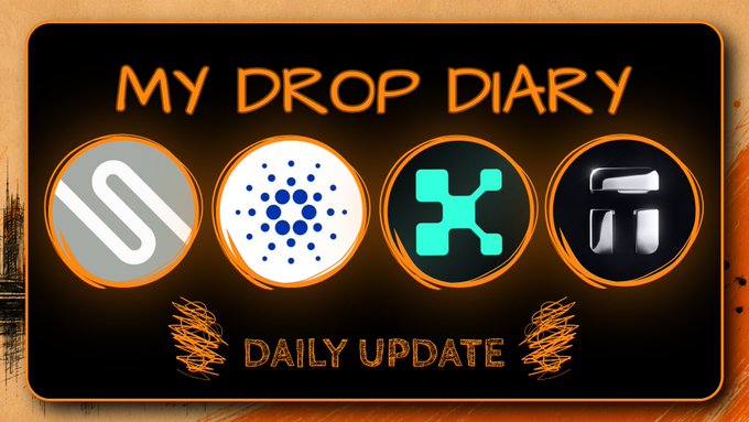 A digital graphic titled 'MY DROP DIARY' with 'DAILY UPDATE' below, displaying four circular icons of cryptocurrency logos (Sui, Cardano, a teal symbol, and Injective) against a dark orange and black background.