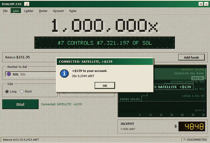 A screenshot of the DIALUP.EXE game shows a successful "20x 0.234 $NET" multiplier payout adding +$139 to the player's account (balance $151.35), with a $4,840 jackpot displayed. The image illustrates the post's boast about profiting from the "gud tek" at @NetNetCap by leveraging the game's multiplier mechanics to print gains on a discount.