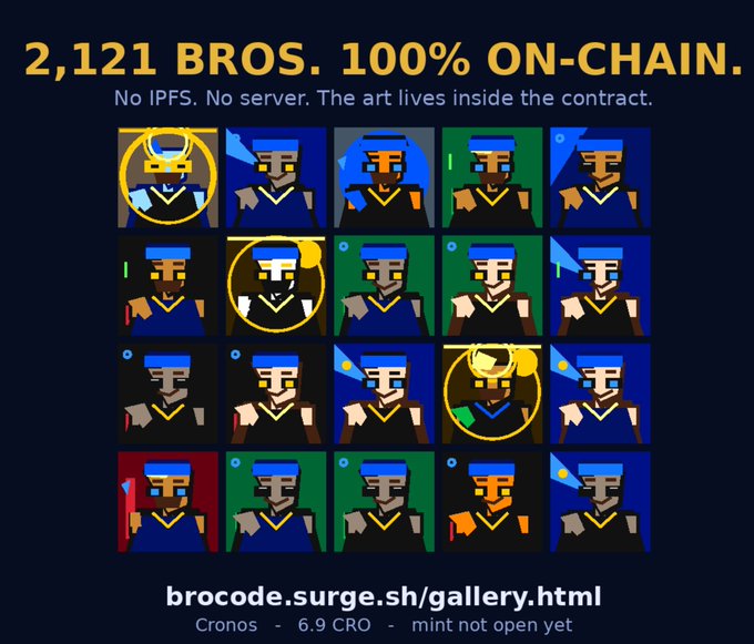 Promotional graphic for a 2,121-piece NFT collection titled "2,121 BROS. 100% ON-CHAIN" with text "No IPFS. No server. The art lives inside the contract." and "brocode.surge.sh/gallery.html" along with "Cronos - 6.9 CRO - mint not open yet", displaying a grid of pixelated character portraits.
