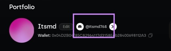 A cryptocurrency wallet portfolio interface showing the username 'Itsmd' with Discord handle @itsmd768 highlighted, and a wallet address beginning with 0x04D2B04.