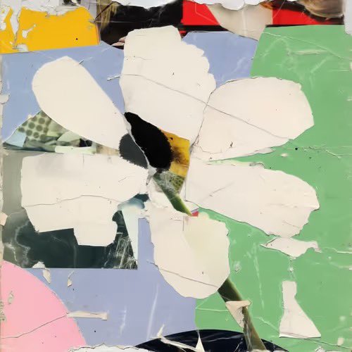 Abstract mixed-media artwork featuring a torn white flower-like shape over layered patches of green, blue, pink, and yellow paper fragments.