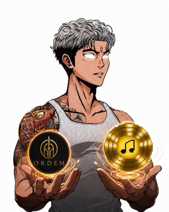 An anime-style illustration of a silver-haired, glowing-eyed muscular man with tattoos, holding a gold 'ORDEM' coin in one hand and a golden pixelated coin in the other.