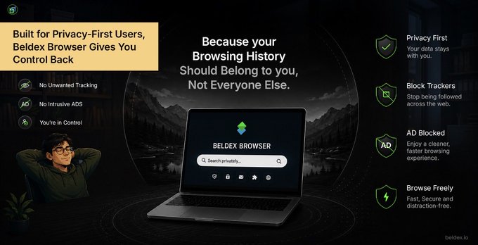 A promotional banner for Beldex Browser emphasizes 'Built for Privacy-First Users,' showing a laptop with the Beldex Browser homepage and feature icons including 'Privacy First,' 'Block Trackers,' 'AD Blocked,' and 'Browse Freely' (beldex.io).