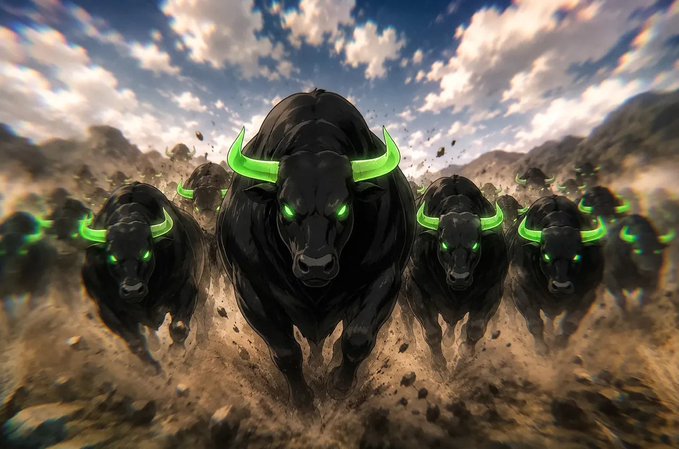 An illustration of a herd of black bulls with glowing green eyes and horns charging forward through a dusty landscape under a cloudy sky.