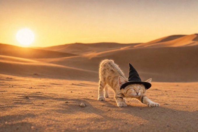 A tiny sand kitten stretches in the desert wearing a miniature black witch hat, perfectly embodying the playful and absurd spirit of the $SNWITCH meme coin's "sandwich" branding.