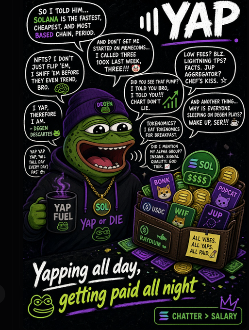 A Pepe the Frog themed graphic titled 'YAP' with speech bubbles about Solana, memes, and crypto tokenomics, accompanied by the slogan 'Yapping all day, getting paid all night'.