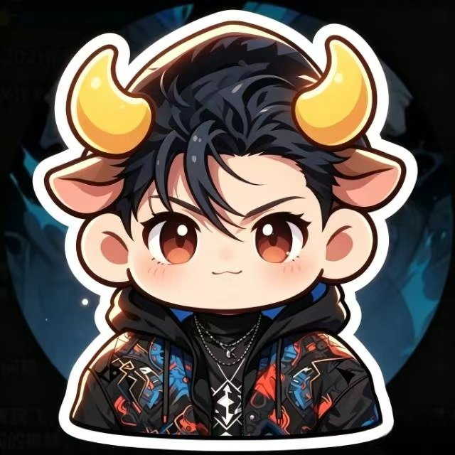 An anime-style chibi character illustration featuring a young boy with dark hair, large brown eyes, golden bull-like horns, and animal ears, wearing a colorful patterned jacket over a black hoodie with silver necklaces.