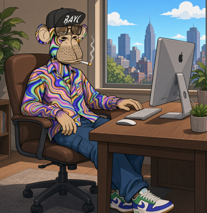 A cartoon illustration of a Bored Ape-style character wearing a 'BAYC' cap, sunglasses, and a psychedelic shirt, smoking a cigarette while working at an iMac computer with a city skyline view.