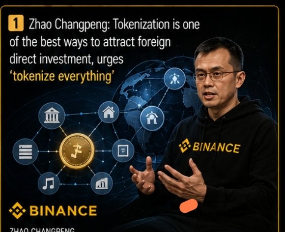 A Binance promotional graphic featuring Zhao Changpeng with the headline 'Zhao Changpeng: Tokenization is one of the best ways to attract foreign direct investment, urges 'tokenize everything''.