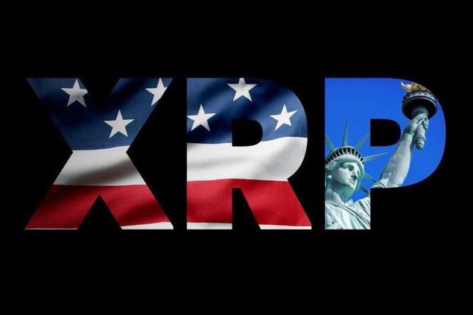 The image features a large, colorful logo that combines elements of an American flag with the word "XRP" written in capital letters. The flag has stars representing the states of America, while the word "XRP" is written in all capital letters above the stars. This unique design creates a striking visual representation of the integration of Ripple into the financial landscape.