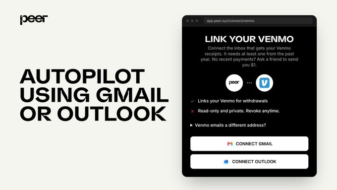 Promotional graphic for the Peer app featuring the headline 'AUTOPILOT USING GMAIL OR OUTLOOK' alongside a screenshot of a 'LINK YOUR VENMO' interface with options to connect Gmail or Outlook.