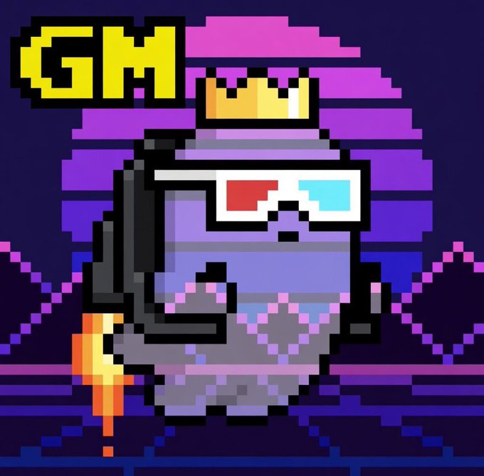 Pixel art style image of a gray character with a crown, 3D glasses, and a jetpack, set against a retro purple sunset background with a yellow 'GM' logo in the corner.