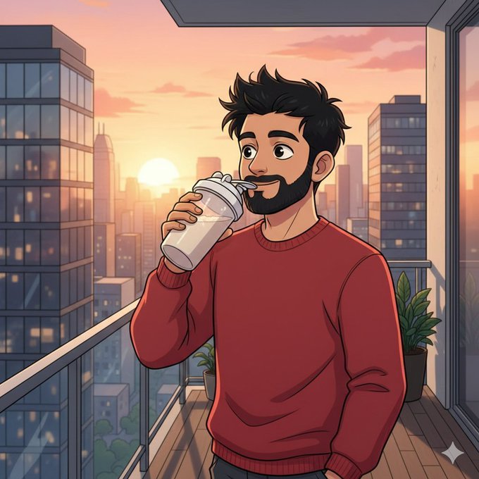 An animated illustration of a bearded man in a red sweater drinking from a clear cup while standing on a balcony overlooking a city skyline at sunset.