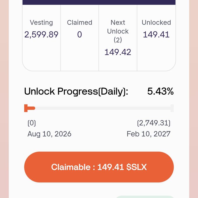 A Solstice Finance ($SLX) airdrop claim interface showing 149.41 $SLX claimable out of 2,599.89 vested tokens, with 5.43% daily unlock progress running from Aug 10, 2026 to Feb 10, 2027, illustrating the daily vesting schedule mentioned in the announcement.