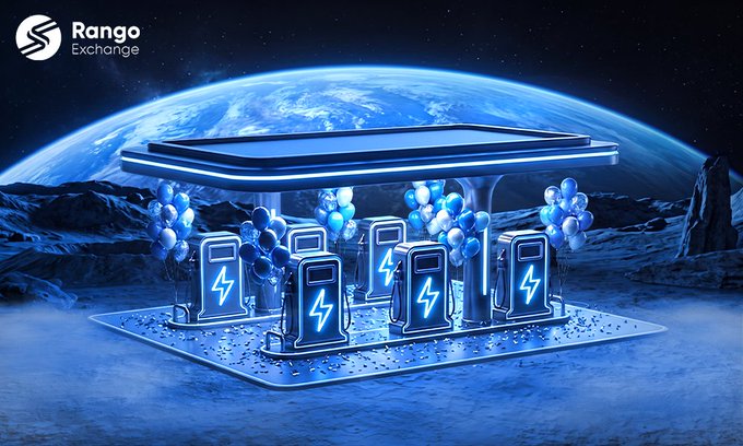 A futuristic promotional graphic for Rango Exchange featuring a neon-lit EV charging station with multiple chargers and blue balloons, set against a backdrop of Earth from space.