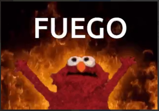 An image of Elmo surrounded by flames with the word 'FUEGO' displayed in large white text at the top.