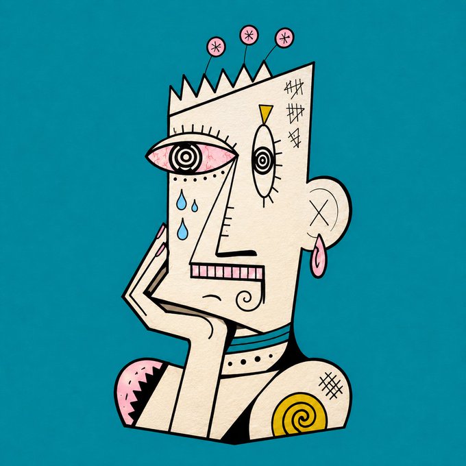 A stylized, cubist-style illustration of a distressed cartoon figure with a hypno-eye, sweat drops, pins in its head, and a stitched-together appearance, set against a teal background.