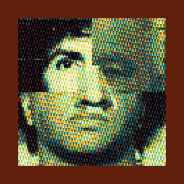 A stylized, pixelated portrait of a woman's face composed of small colored squares, set against a dark reddish-brown background.