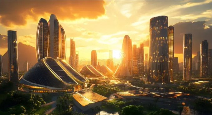 The image features an aerial view of a futuristic cityscape, showcasing tall buildings that are illuminated by the setting sun. The sky above the city has a beautiful orange hue, creating a stunning backdrop for the urban landscape below. In total, there are twelve skyscrapers visible in the scene, with some located closer to the foreground and others further away towards the background. The image also contains text elements such as "Good Afternoon everyone" and "Focus on what is in the image".