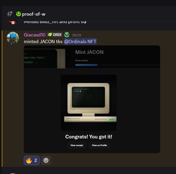 A Discord chat screenshot shows user Glacasd10 (ORD) announcing a 00:31 mint of the "JACON" Ordinals NFT with the text "minted JACON tks @OrdinalsNFT," accompanied by a "Congrats! You got it!" confirmation screen featuring a retro computer graphic. This relates to the post celebrating successful mints and raffles on the @OrdinalsNFThub, including a 5x reward for the winner, while highlighting that OrdinalsHood received the maximum allocation from @JaconLab.