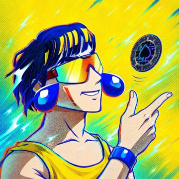 A vibrant digital illustration depicts a character with blue dreadlocks wearing reflective rainbow sunglasses and blue headphones, tossing a black coin into the air against a yellow background.