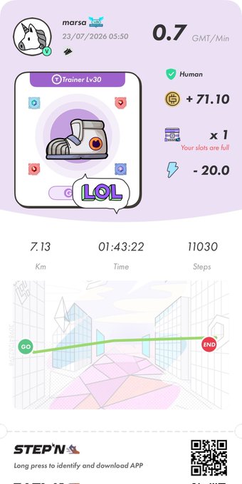 A STEPN app activity summary for user 'marsa' dated 23/07/2026, showing 0.7 GMT/Min, a Trainer Lv30 sneaker with 'LOL' label, earnings of +71.10, energy -20.0, distance 7.13 km, time 01:43:22, steps 11030, and a map with GO and END points.