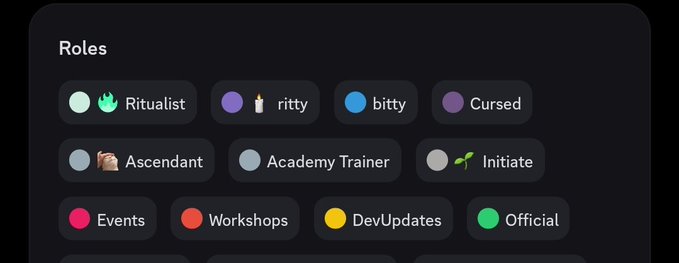 A Discord-style role list showing categories including Ritualist, ritty, bitty, Cursed, Ascendant, Academy Trainer, Initiate, Events, Workshops, DevUpdates, and Official.