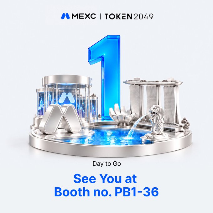 A promotional graphic for MEXC at TOKEN 2049 with the MEXC logo, a large blue "1," the Merlion statue, and text reading "Day to Go" and "See You at Booth no. PB1-36."