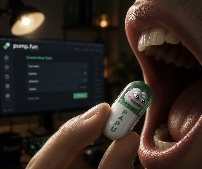 A close-up shot shows a person about to swallow a pill labeled "COAD" featuring a green penguin-like character, with a monitor displaying the "pump.fun" token creation interface in the background, visually tying into the post about degens launching the $PAPU memecoin on Solana.