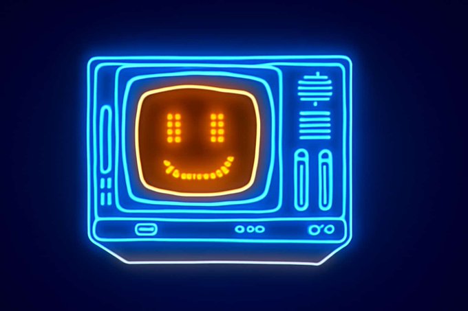 A neon-style illustration of a retro television set displaying a smiley face made of orange dots, with the TV outlined in glowing blue and white neon lines against a dark background.