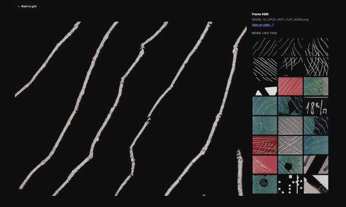 The image features an abstract art piece with black and white lines that appear to be splattered or drawn across a canvas, creating a unique pattern. The artwork is displayed against a black background, making it stand out prominently. Below the artwork, there's text providing information about the artist, the website where the artwork can be purchased, and other details related to the piece.