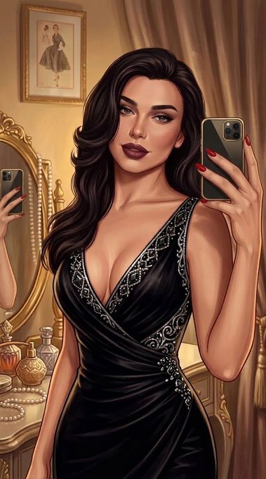 A digital illustration of a dark-haired woman in a black evening gown taking a mirror selfie with a smartphone in an ornate room.